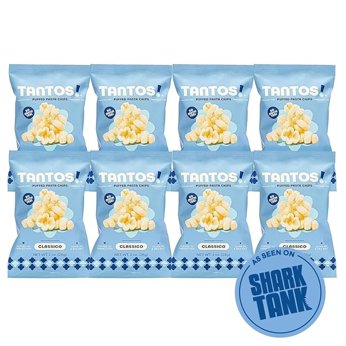 Tantos! Puffed Pasta Chips, Healthy Pasta Snack by Top Chef Joe Sasto, As Seen on Shark Tank, Plant Based, Low Calorie, Crunchy Chips, Variety Pack, Marinara, Pesto, Cacio e Pepe, Classico, Gourmet Bold Flavors, 1 oz 8 Pack of Classico