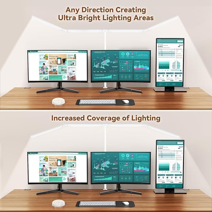 Led Desk Lamp with Clamp: Architect Desk Lamp for Home Office, Eye Caring Double Head Computer Monitor Work Desk Light with Remote Control - 24W Flexible Dimmable Desktop Table Lamp White