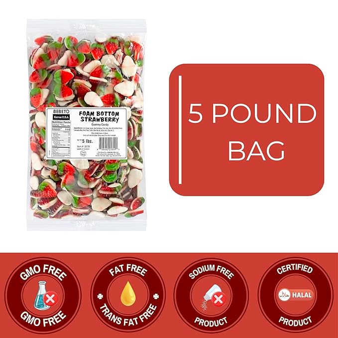 Kervan Candy Bebeto Foam Bottom Strawberry Gummies - Fruity, Soft & Sweet Gummy Candy Bulk for Kids, Gift Snacks and Parties - Strawberry Gummies Big Party Size Bag (5 lbs)