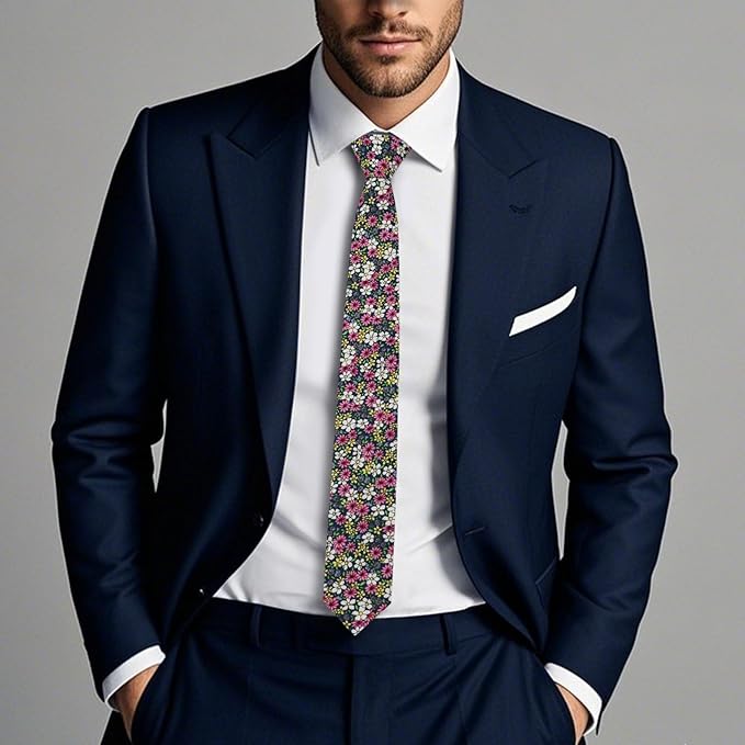 Cotton Floral Ties for Men 2.76" Men's Skinny Tie Linen Flower Printed Neck Tie for Wedding Dating Party