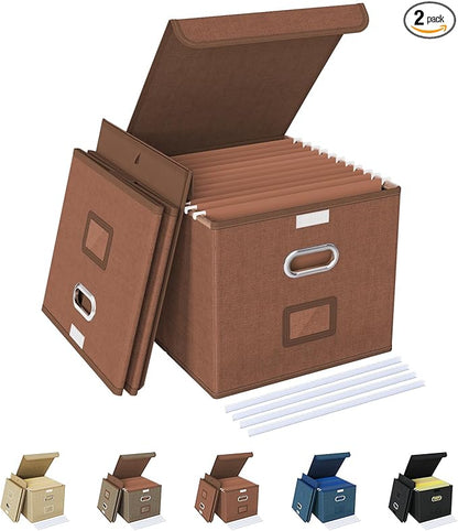 Oterri 2 Pack File Organizer Box,File Box,Small File Cabinet for Letter Folders,Reddish Brown Portable Filing Box,Hanging File Folder Organizer with Lid for Office/Decor/Home- without Folders