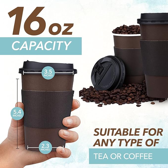 Promora 12 oz Brown Disposable Coffee Cups with Lids & Sleeves, Hot Coffee Cup Sleeves Disposable, Premium Insulated To Go Paper Cups (12 oz, Pack of 80) Brown and Black