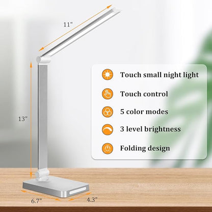 Dott Arts LED Desk Lamp with USB Ports,Touch Desk Lamps for Home Office with 5 Color Modes,3 Brightness Desk Light with Small Night Light,Reading Lamp Table LED Lamp for Bedroom Bedsid Study Sliver