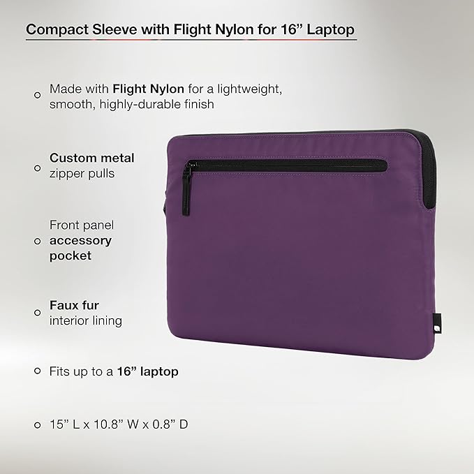 Incase Compact Laptop Sleeve with Flight Nylon - 16 Inch MacBook Pro and Laptop Case – Slim Computer Sleeve with Faux Fur Lining, Front Accessory Pocket with Zipper - Nordic Mauve