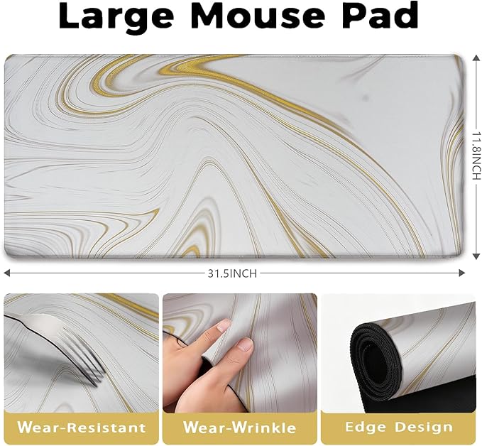 Luxury Marble Ink Patterns Desk Mat, Large Gaming Mouse Pad Non-Slip Rubber Base with Stitched Edges, Waterproof Protection for PC Laptop Home Office Desk Decor (31.5x11.8in)