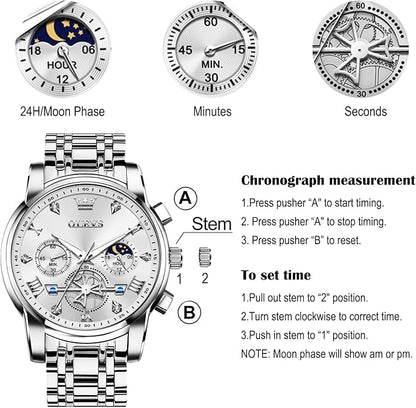 OLEVS Men Watches Stainless Steel Chronograph Watch, Large Wrist Analog Quartz Watch, Fashion Waterproof Diamond Roman Numerals Dress Watches for Men, Gold/Black/White/Blue/Grey Dial