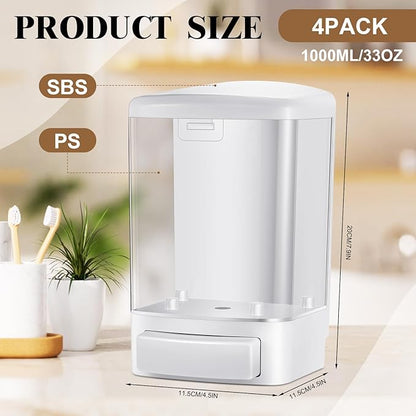 Hushee 4 Pcs Plastic Wall Mounted Soap Dispenser Commercial Manual Soap Containers Wall Dispenser for Kitchen Shower Hotel Liquid Shampoo Gel Chamber(33.8 oz 1000 ml,White)
