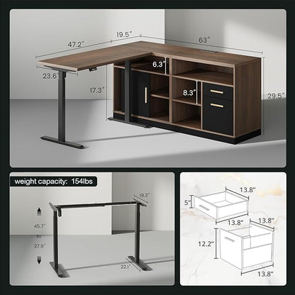 Home Office Furniture Set, 114" Standing Desk with 2 File Cabinets, AC/USB, Extra Long Double Desk for 2 Person, Electric Height Adjustable for Home and Office, Black Walnut