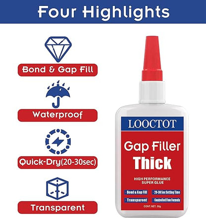 60g(2.12 oz) Gap Filler Thick Super Glue Premium Adhesive,CA Glue for Woodworking, Woodturning, Hobby Models, Glass, Plastic, Rubber, Metal.Quick-Dry Waterproof Clear