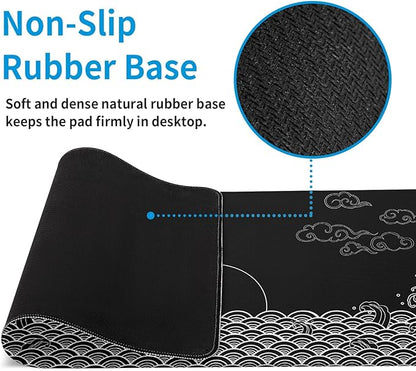 Japanese Sea Wave Gaming Mouse Pad Black Large Anime Mousepad Extended Mouse Mat 31.5''x11.8'' 3mm Thick Non-Slip Rubber Base Big Desk Pad for Office