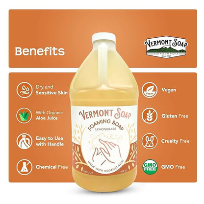 VERMONT SOAP Organic Lemongrass Zen Foaming Hand Soap - Natural Moisturizing Soap for Dry Skin - Fragrance Free Liquid Bathroom Hand Soap - Lemongrass Zen - 64 oz
