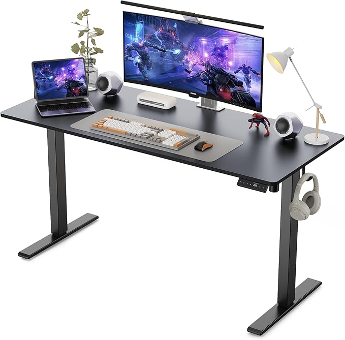 55x24 Inches Height Adjustable Electric Standing Desk with 2 Hooks for Home Office, Ergonomic Sit Stand up Desk with Splice Board, Black