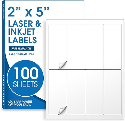 2" X 5" Matte White Shipping Labels Compatible with Inkjet and Laser Printers - 100 Sheets, 800 Printable Paper Stickers for Mailing, Packages, Addresses - Spartan Industrial Template R006