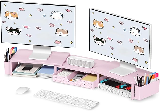 OPNICE Pink Desk Organizers and Accessories for Women, Dual Computer Monitor Stand Riser with Drawer and 2 Pen Holders, Office Desk Accessories, Workspace Desktop Organization for Office Supplies