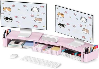 OPNICE Pink Desk Organizers and Accessories for Women, Dual Computer Monitor Stand Riser with Drawer and 2 Pen Holders, Office Desk Accessories, Workspace Desktop Organization for Office Supplies