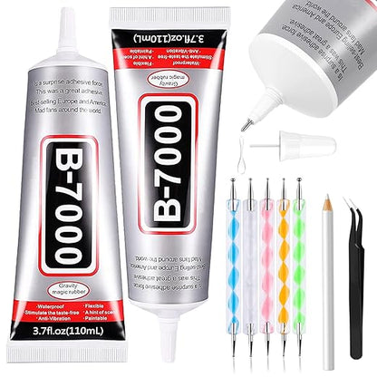 B7000 Adhesive Rhinestones Glue for Crafts, 2PCS 110ml / 3.7 fl oz with 5 Dotting Pen Tool, Wax Pencil and Tweezer, Jewelry Glue for DIY Craft, Makeup, Shoes, Jewelry Making, Nail Art