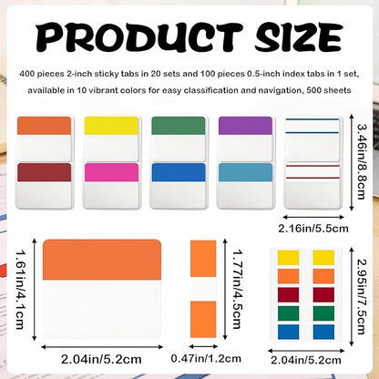 500 Pieces Sticky Index Tabs, Writable & Repositionable Page Markers, 2 Inch File Tabs for Notebooks, Books, Binders, Folders, Tab Dividers Stick On, 10 Colors, 21 Sets (Vibrant, 500pcs)