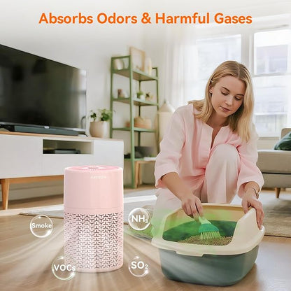 AIRROMI Pets Air Purifier for Home Allergies,Up to 660 ft².Yellow Deodorizing Activated Carbon Filter,With Fragrance Sponge for Better Sleep,Night Light,Pet Dander,Smoke,Odors,Air Cleaner A2002 Pink