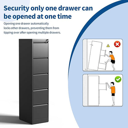 5-Drawer Locking Vertical File Cabinet, Metal Storage Cabinet for Office/Home – Secure Vertical Filing for Letter/Legal/A4/F4 Documents, Easy to Assemble Steel Cabinet (Black, 5 Drawer-64 H)