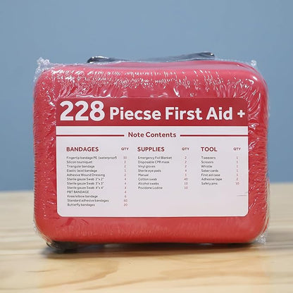 Compact First Aid Kit (228pcs) Designed for Family Emergency Care. Waterproof EVA Case and Bag is Ideal for The Car, Home, Boat, School, Camping, Hiking, Office, Sports. Protect Your Loved Ones. Red