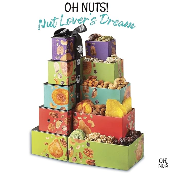 Oh! Nuts 5 Tier Gift Tower - 12 Assorted Dried Fruits and Nuts Gift Basket - Gourmet Healthy Snack Boxes for Holiday, Birthday, Thank You, Corporate Gifting, Parties & Family Celebrations