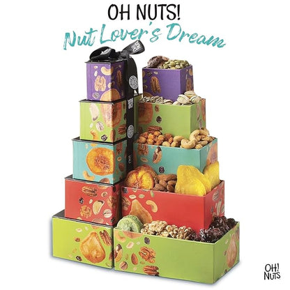 Oh! Nuts 5 Tier Gift Tower - 12 Assorted Dried Fruits and Nuts Gift Basket - Gourmet Healthy Snack Boxes for Holiday, Birthday, Thank You, Corporate Gifting, Parties & Family Celebrations