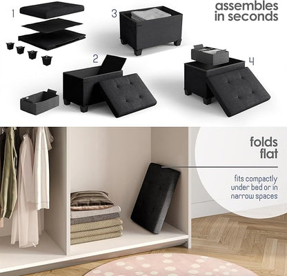 STORAGEBUD Storage Ottoman Cube with Small Bin, 16-in Square Ottoman with Storage for Living Room and Bedroom, Small Ottomans Foot Rest, Fabric Foot Stools Ottomans Max 330lbs, Black