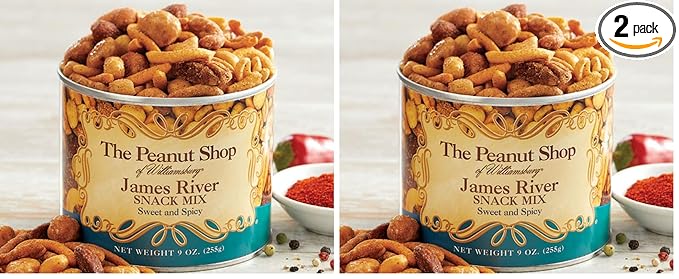 The Peanut Shop of Williamsburg James River Snack Mix, Williamsburg Peanuts, with Mixed Nuts and Sesame Corn Sticks - 9 Oz Tin (Pack of 2)