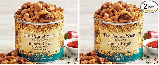 The Peanut Shop of Williamsburg James River Snack Mix, Williamsburg Peanuts, with Mixed Nuts and Sesame Corn Sticks - 9 Oz Tin (Pack of 2)