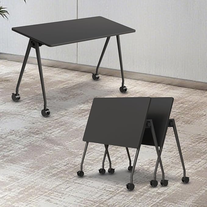 Folding Conference Table, Rectangular Conference Room Tables, Mobile Modular Training Table, Solid Steel Frame,Thickened Panel,for Offices,Meeting Room,Offices andSchools (2, A-Black, 47in)
