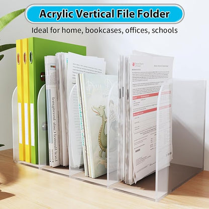 Acrylic File Organizer, Clear Desk Organizer Workspace Sorters, Magazine Binder Holder with 4 Vertical Compartments Bookshelf for Desk Home Office