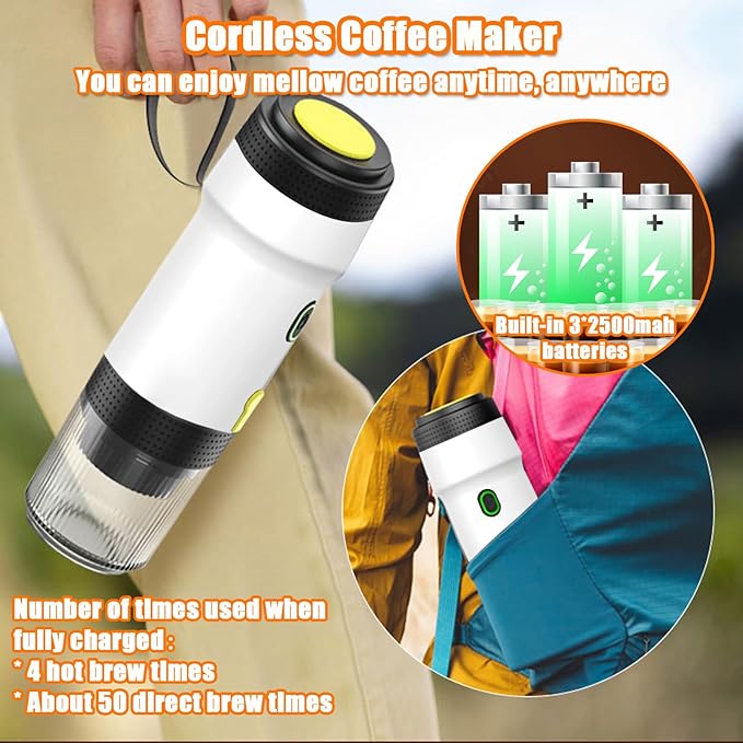 Portable Espresso Machine, 3-in-1 Self-Heating Portable Coffee Maker for Travel with Rechargeable Battery, Cordless Electric Mini Espresso Maker for RV Hiking Camping Office (White) (White)