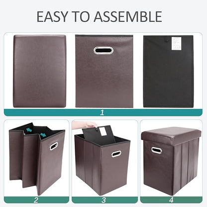 Tall Ottoman with Storage, Faux Leather Collapsible Slim Folding Ottoman Furniture with Handles Lid for Room Footrest Foot Stool, Brown 16.5x16.5x11.8in