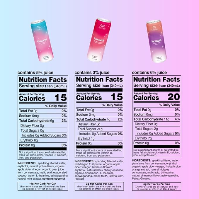 Moment Mocktails Non Alcoholic Drinks (Shark Tank) | SPARKLING Classics Adaptogen Drink | L-Theanine & Ashwagandha for Calm & Clarity | 0 Added Sugar 0 Caffeine | 24-pack