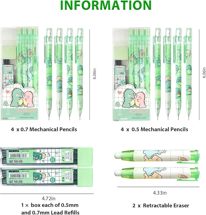 Cute Green Dinosaur Mechanical Pencil Set Include 8Pcs Kawaii Mechanical Pencils,2 Tubes Mechanical Pencil Lead Refills,2Pcs Dinosaur Erasers,for Office School Supplies