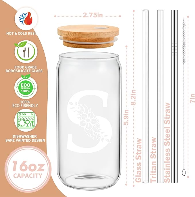 Personalized Gifts for Women, Monogrammed Glass Cups with Lids and Straws, Custom Tumbler, Cute Customized Mug, Aesthetic Stuff, Initial Iced Coffee Cup, Drinking Glasses, Birthday Teacher Gifts, M