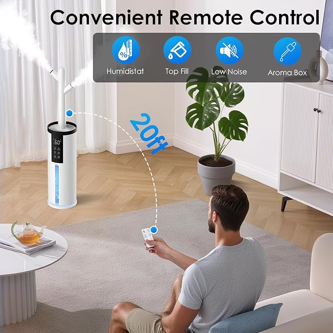 Humidifiers for Bedroom - GloryAir 2.11Gal (8L) Quiet Top Fill Cool & Warm Mist Humidifier Large Room 650 ft² with Humidistat, diffuser, Auto Mode, 7-Color Light for Plants, Baby,Adults, Office & Home