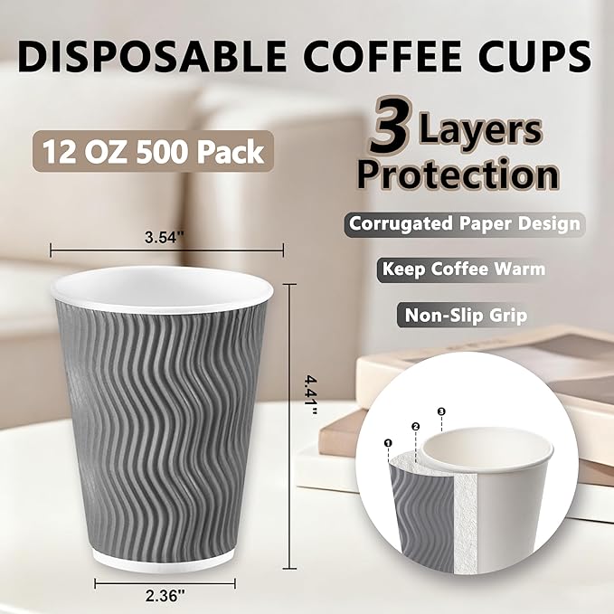 500 Pack 12oz Disposable Coffee Cups,Insulated Ripple Wall Paper Coffee Cups Bulk 12ounce,Hot & Cold Beverage Cup for Party,Home,Office,Cafe,Travel(Gray)