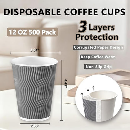 500 Pack 12oz Disposable Coffee Cups,Insulated Ripple Wall Paper Coffee Cups Bulk 12ounce,Hot & Cold Beverage Cup for Party,Home,Office,Cafe,Travel(Gray)