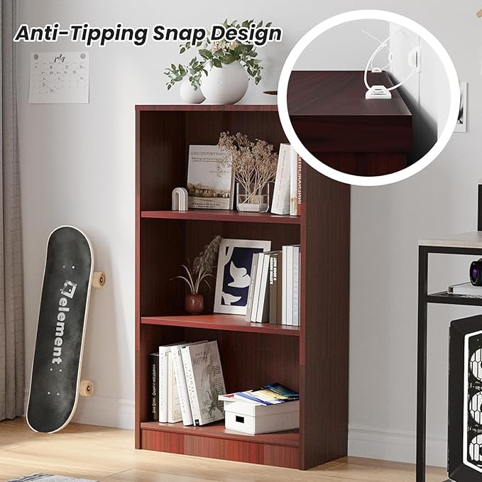 Bookshelf, 3 Shelf Bookcase Open Modern Bookshelf, Bookcase with Freestanding Display Storage, Wooden Book Shelf for Bedroom, Living Room, Dinning Room, Office, 60 Inch, Deep Brown
