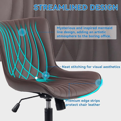 YOUNIKE Office Chair, Armless Desk Chair with Wheels, Home Office Computer Task Chairs, Modern Faux Leather Upholstered Vanity Chair, Adjustable Swivel Rocking Chair with Back, Espresso Brown