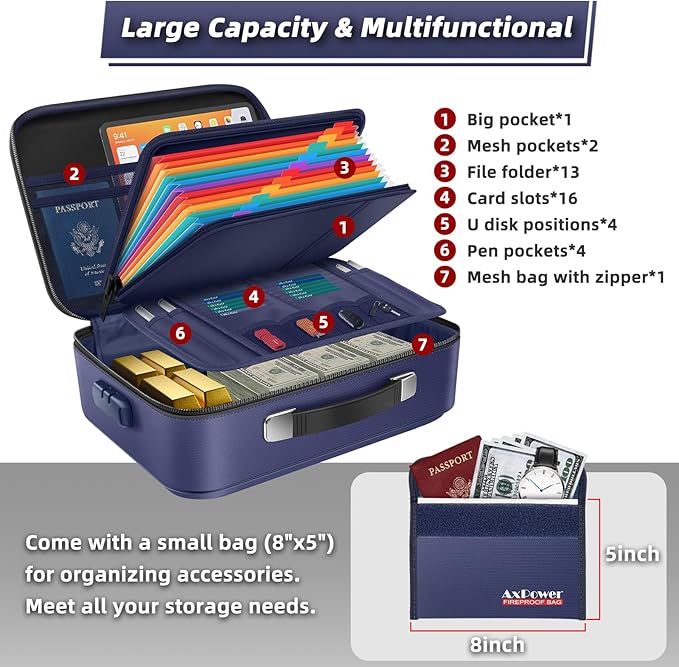 Fireproof Document Storage Box Hard Case With Lock, Multi-Layer Fire Proof Water Resistant Safe Box File Organizer Bag With Small Money Bag for Important Documents Passport Certificates Laptop (Blue)