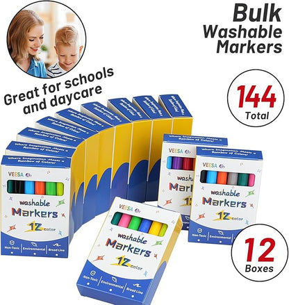 Washable Markers Bulk - 12 Boxes of 12 Vibrant Colors (144 Total) - Broad Line Markers for Kids, Teacher, Classroom Must Have, Christmas Gift