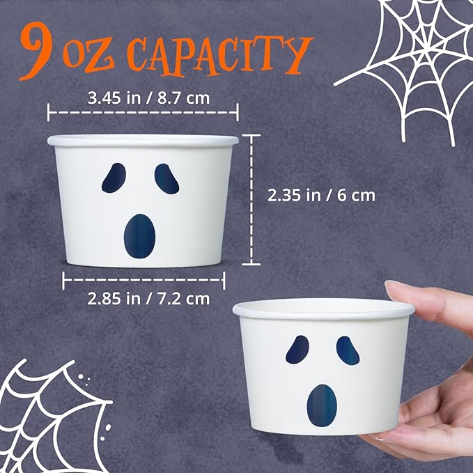 Paper Ice Cream Cups, 50-Count 9-Oz Disposable Dessert Bowls for Hot or Cold Food, 9-Ounce Halloween Party Supplies Treat Cups, Ghost Face