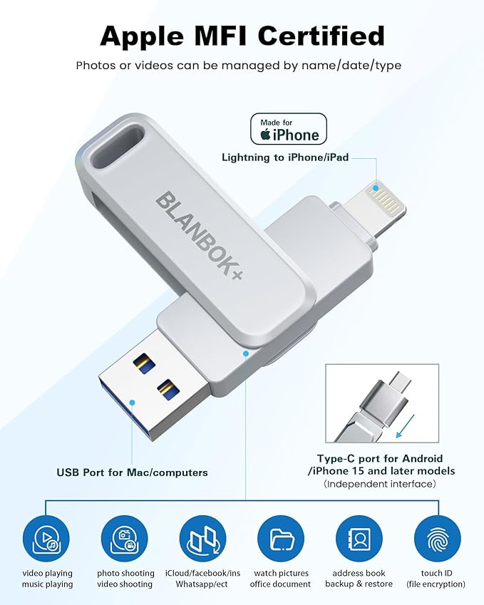 MFi Certified 512GB Flash Drive for iPhone Photo Stick, USB Memory Stick High Speed iPhone Flash Drive, External Memory Storage USB Stick Thumb Drive for iPhone/iPad/Android/PC (Metallic Silver)
