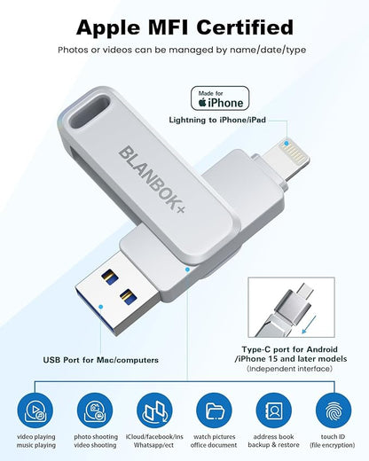 MFi Certified 512GB Flash Drive for iPhone Photo Stick, USB Memory Stick High Speed iPhone Flash Drive, External Memory Storage USB Stick Thumb Drive for iPhone/iPad/Android/PC (Metallic Silver)