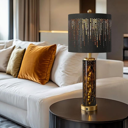 Oneach 27.75" Modern Table Lamps Set of 2, Gold Bedside Lamp with Leopard Glass Nightlight, USB A+C, Black Crystal Shade, Unique Desk Lamps for Living Room, Bedroom, Nightstand (2 Bulbs Included)