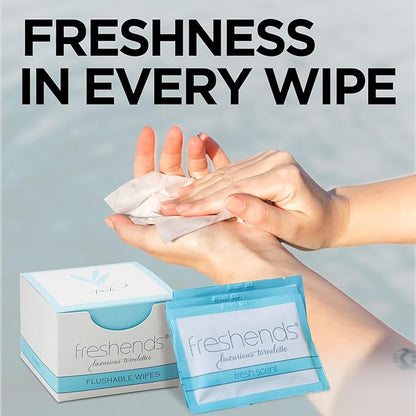 Freshends Flushable Individually Wrapped Wipes – 300 Bulk Pack Luxurious Towelettes, Guest Bathroom Essentials for Weddings, Restaurants, Bars & Clubs – Blue, Travel-Size, Disposable