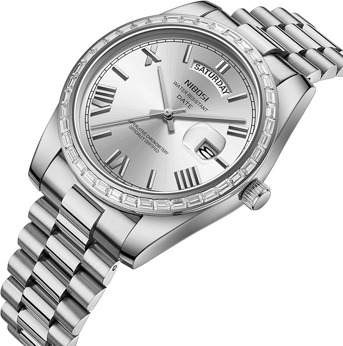 NIBOSI Men's Watches Analog Quartz Diamond Bezel Stainless Steel Dial Rose Gold Silver Watches for Men Waterproof Business Classic Dress Wrist Watch with Day Date