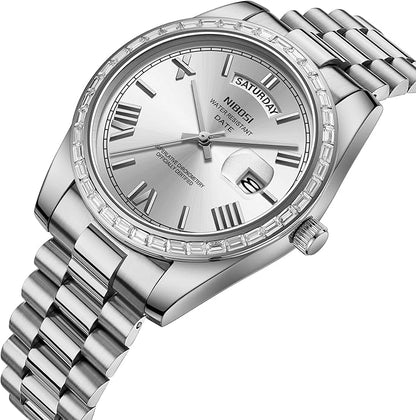 NIBOSI Men's Watches Analog Quartz Diamond Bezel Stainless Steel Dial Rose Gold Silver Watches for Men Waterproof Business Classic Dress Wrist Watch with Day Date